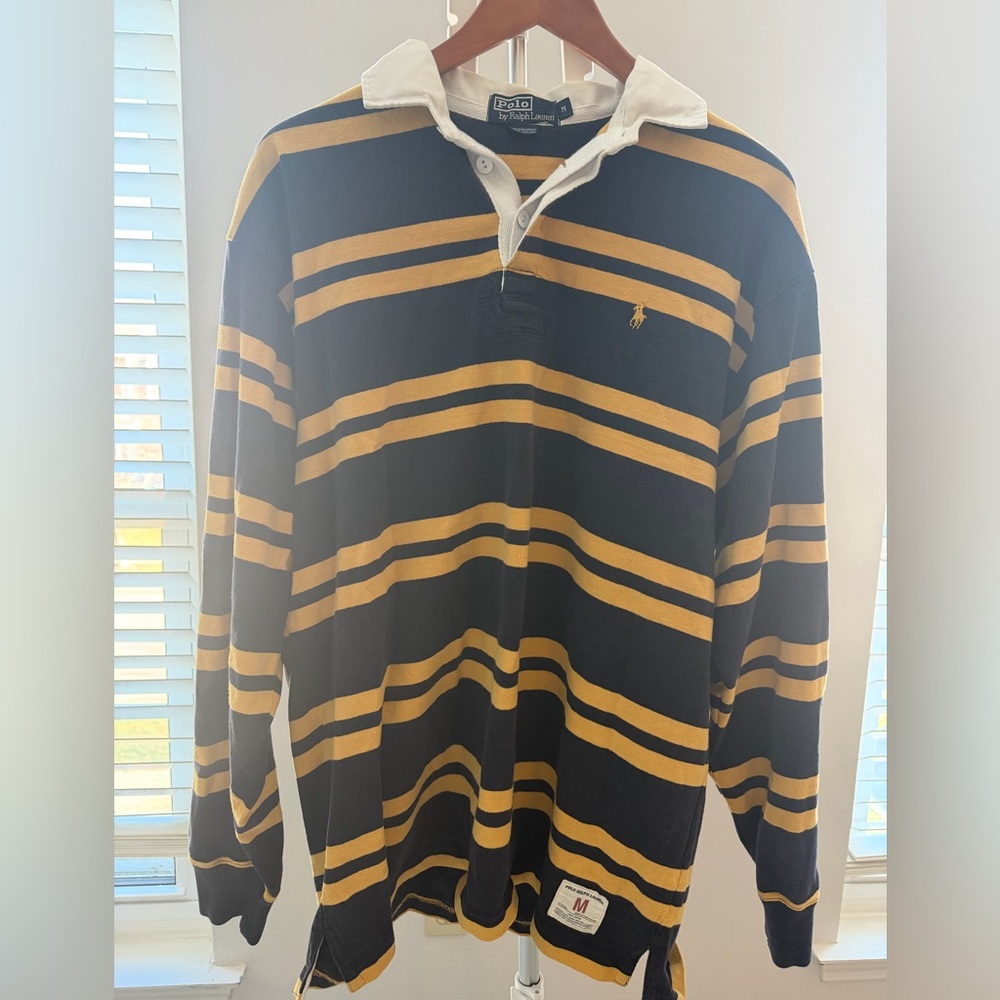 Ralph Lauren Men's Dark Navy and Gold Striped Classic Polo Shirt